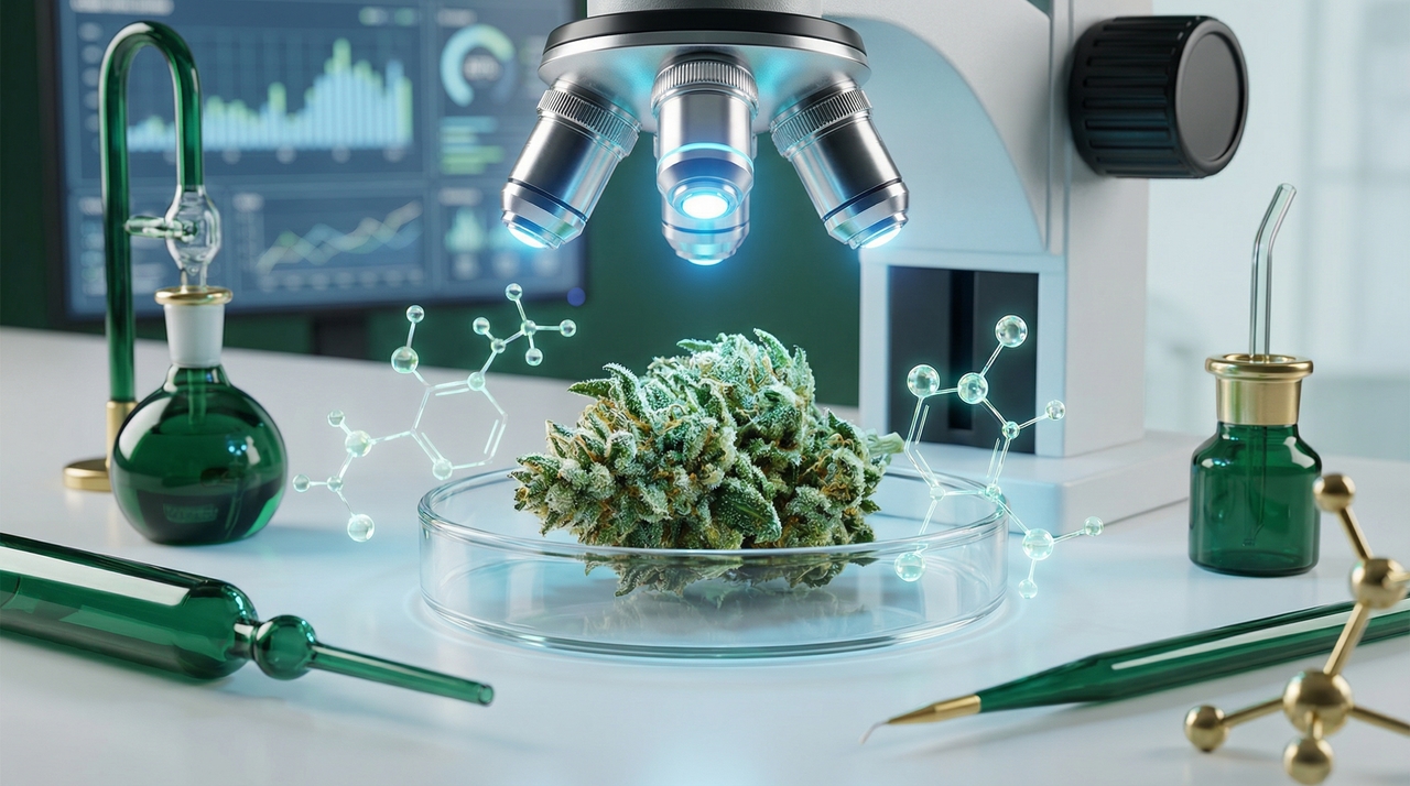 The Science Behind High Families: How a German Study Changed Cannabis Classification - laboratory glassware in authoritative yet accessible, modern, professional style