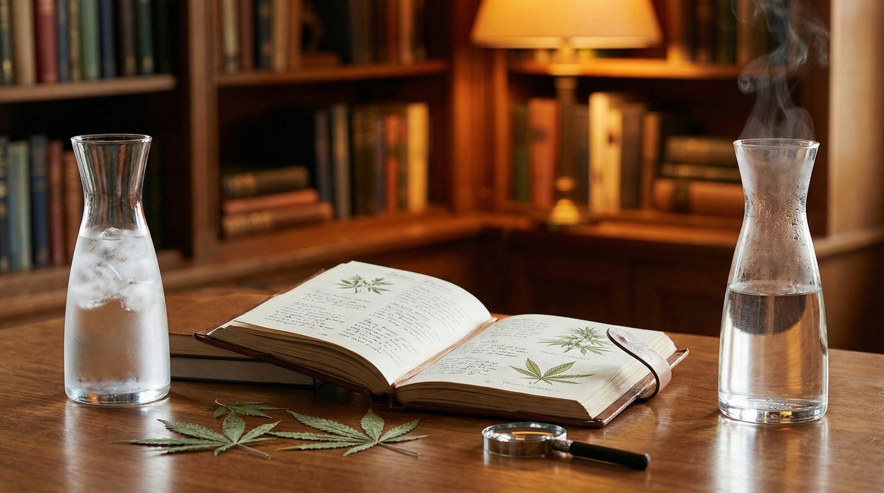 Hot vs Cold Bong Water: The Science of Water Temperature for Smoother Hits - open book with cannabis leaves in welcoming, educational, approachable, inviting style
