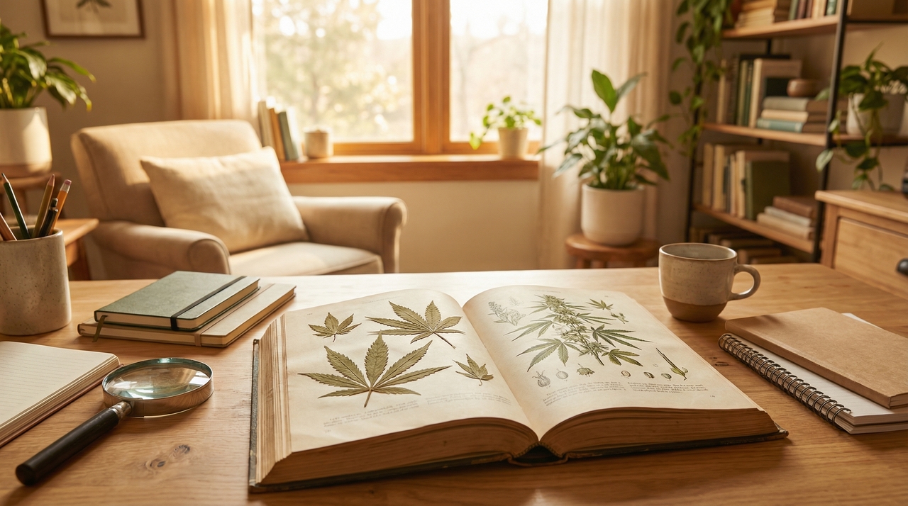 Welcome to This Is Why I'm High Learn: Your Cannabis Education Hub - open book with cannabis leaves in welcoming, educational, approachable, inviting style